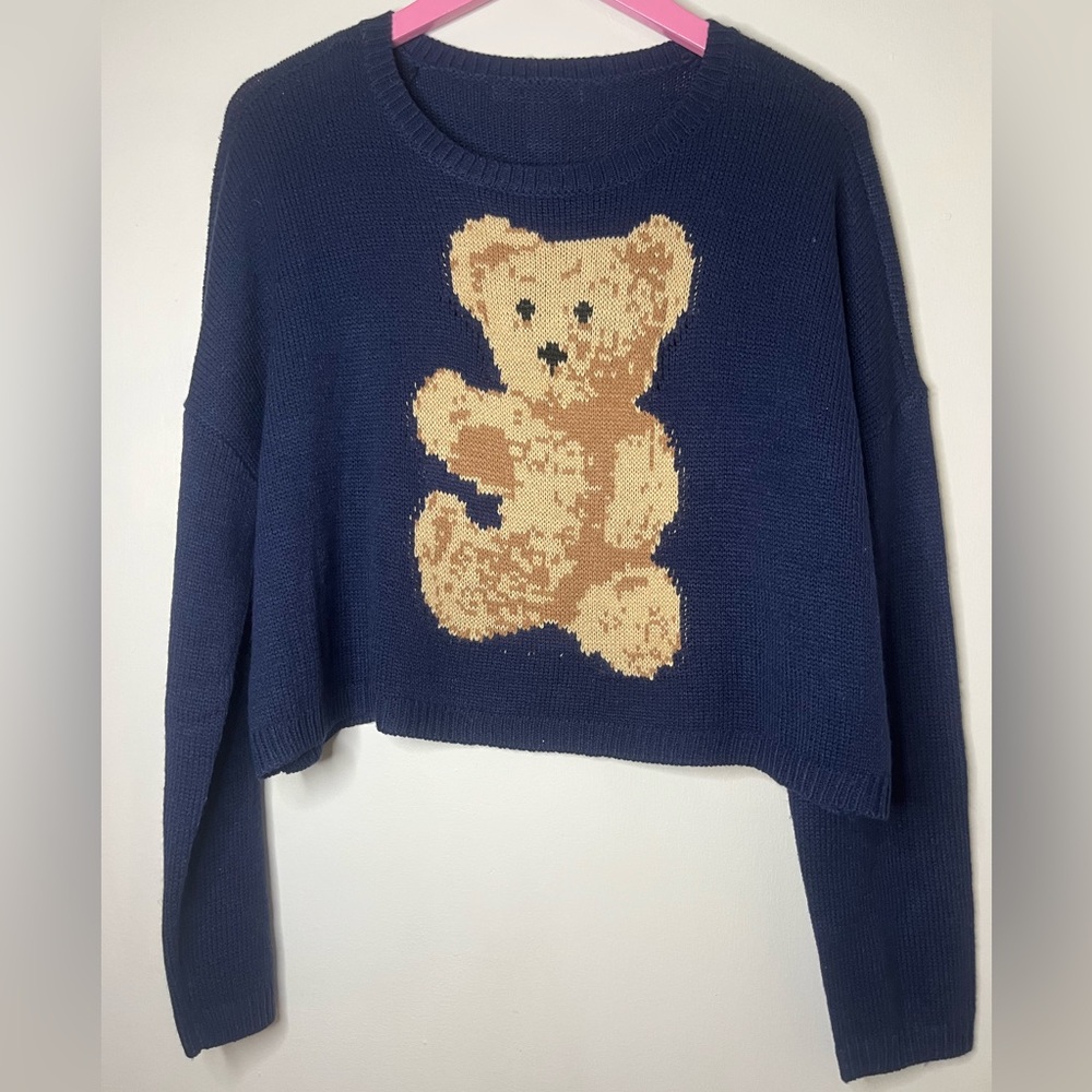 Navy Blue Pullover Teddy Bear Sweater Women’s M L  Boxy